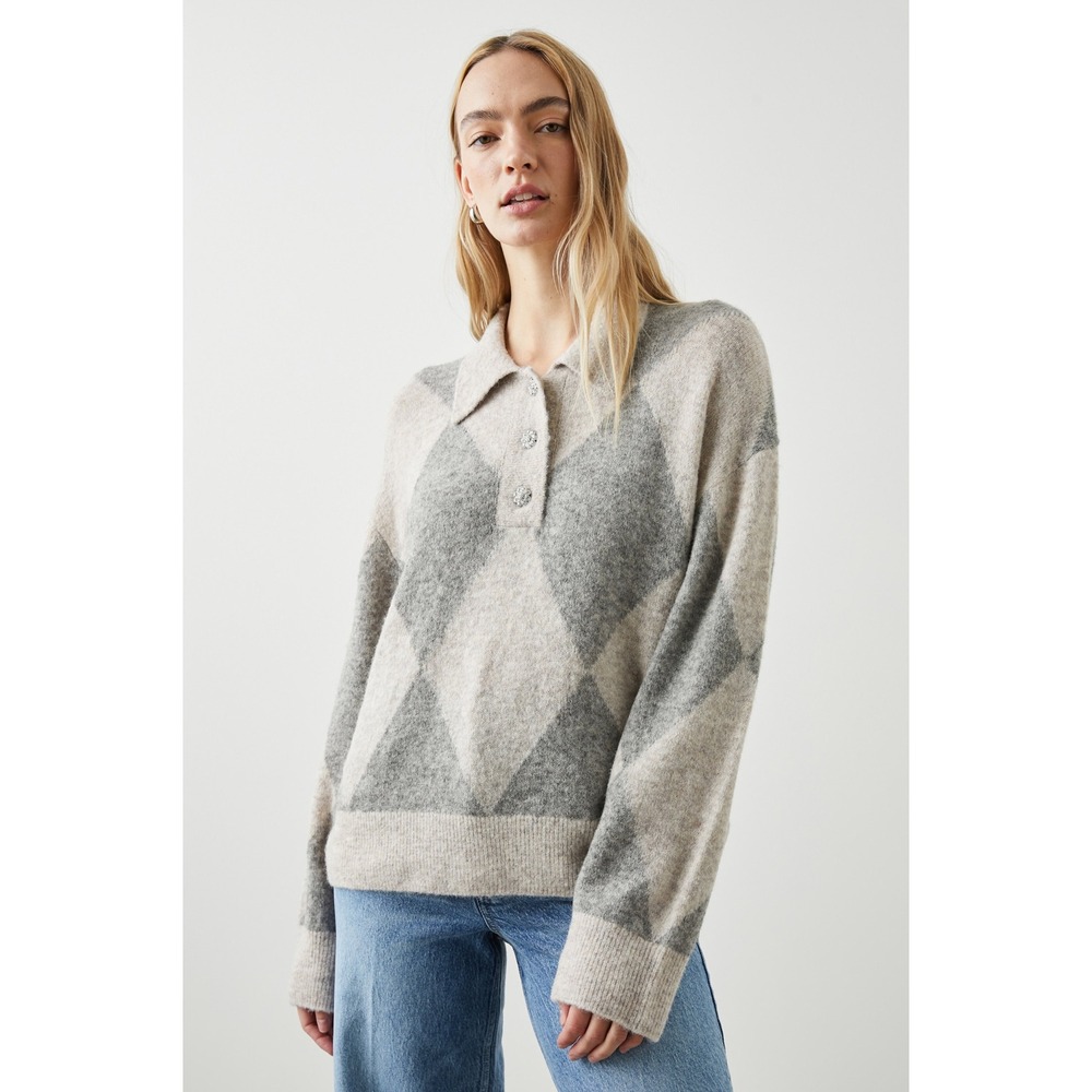 Rails Heather Argyle Collared Sweater Medium Wool Blend Rhinestone‎ Buttons